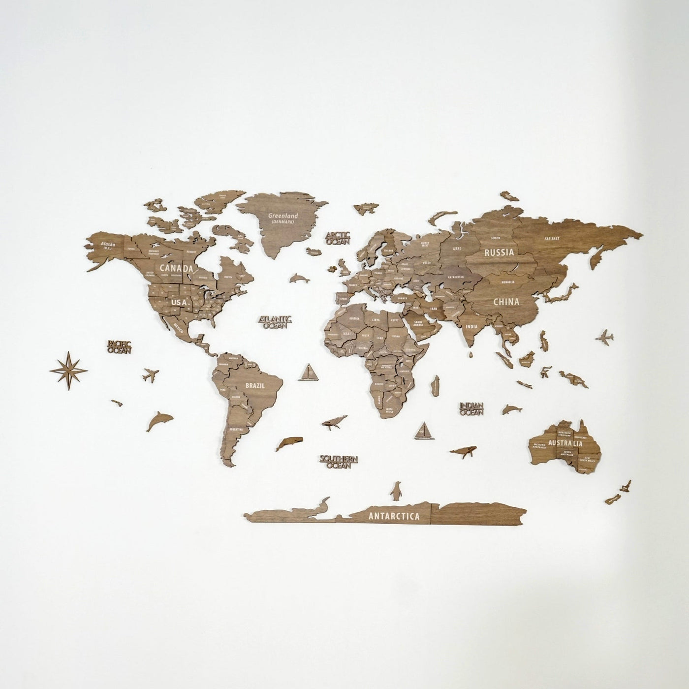 3D Wooden World Map Light Brown