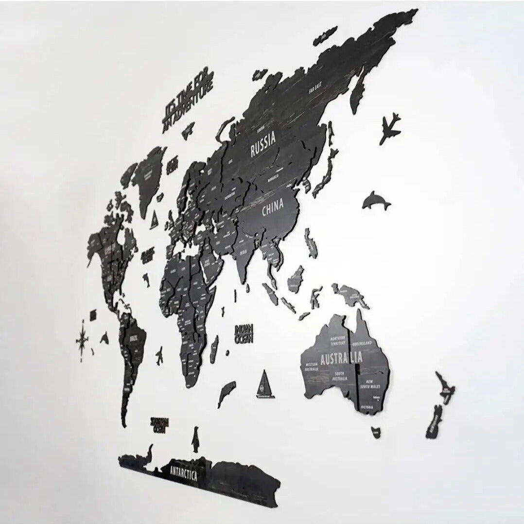 3D Wooden World Map Black
