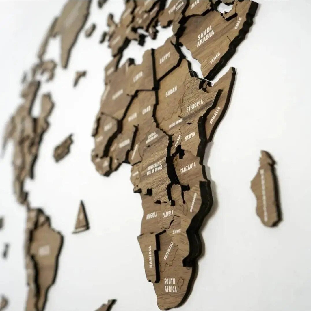 3D Wooden World Map Light Brown